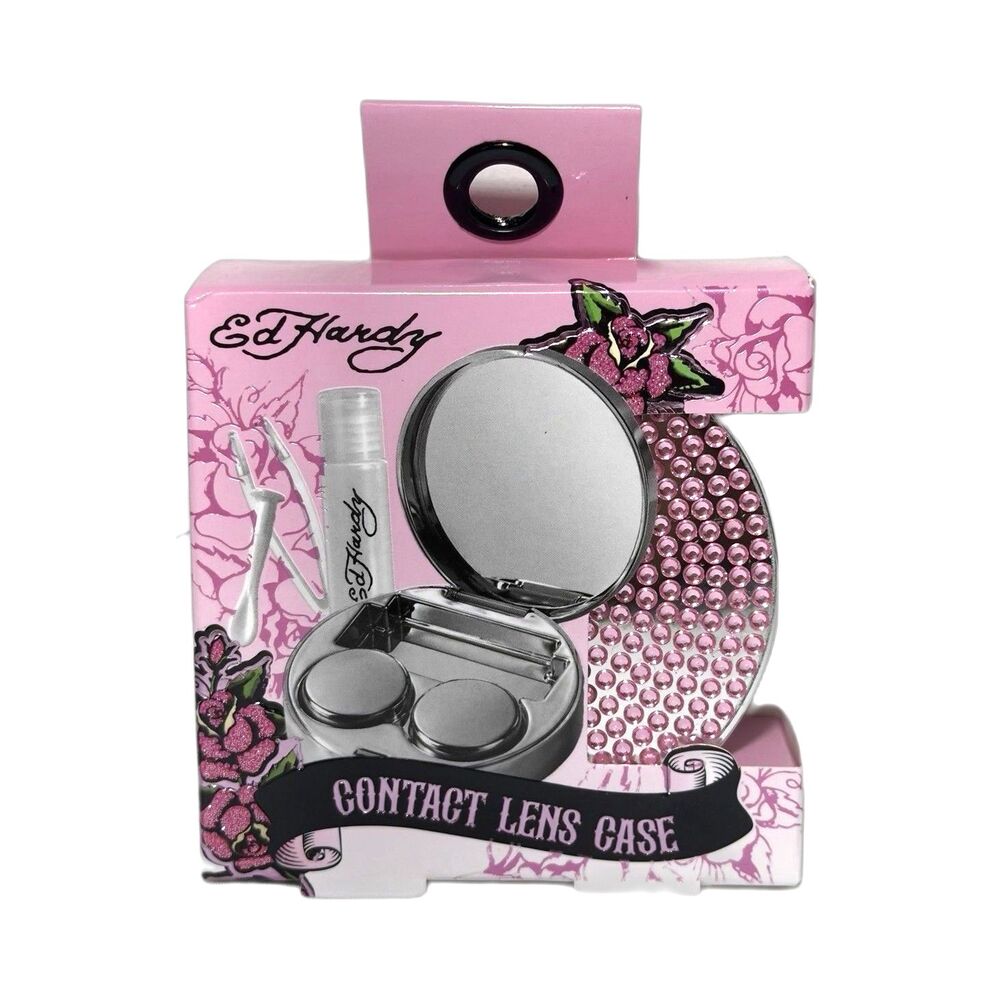 Ed Hardy Pink Rhinestone Contact Lens Case w/Mirror Travel Size NEW